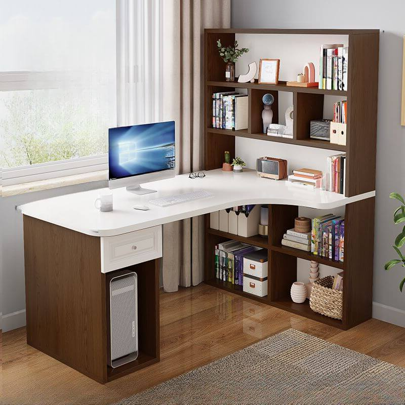 Light Walnut L-Shaped Corner Writing Desk with Hutch and Storage