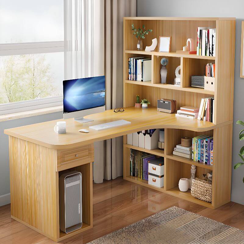 Light Walnut L-Shaped Corner Writing Desk with Hutch and Storage Main Product Image