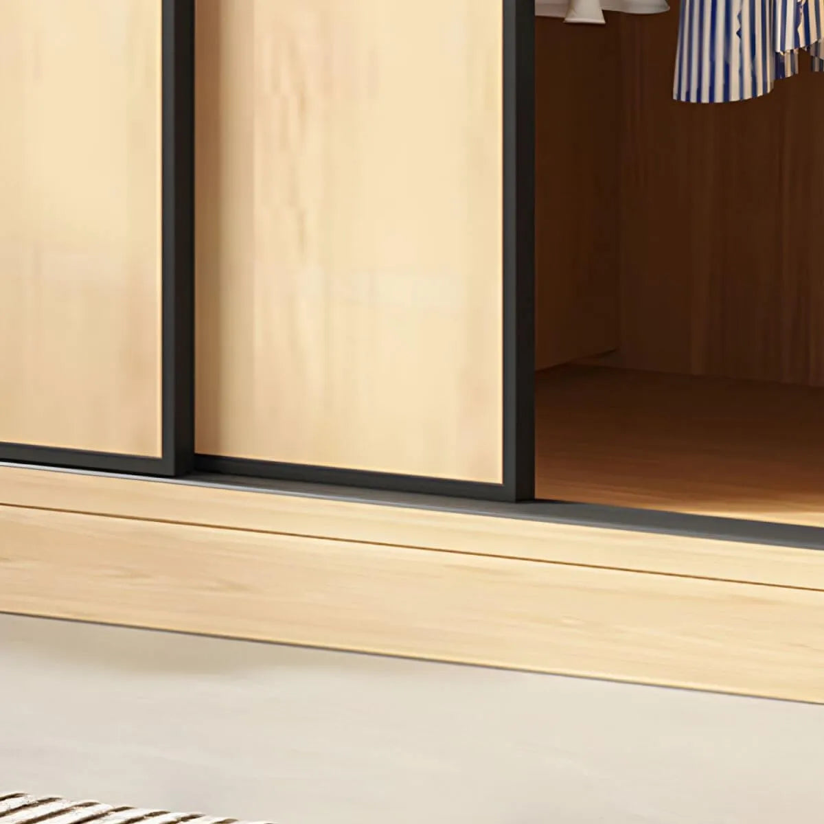 Light Wood Modular Wardrobe Wall With Sliding Doors And Open Shelving