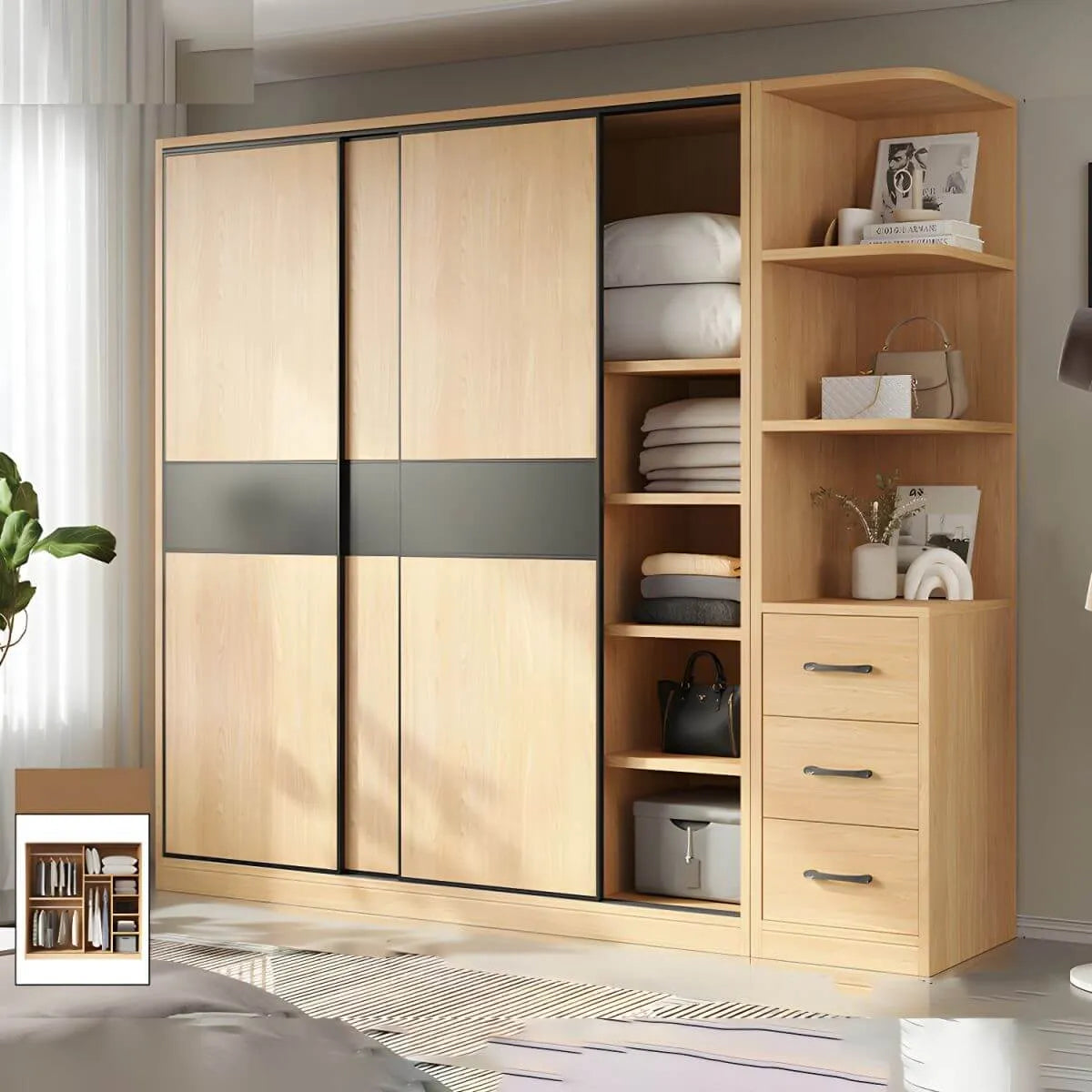 Light Wood Modular Wardrobe Wall With Sliding Doors And Open Shelving