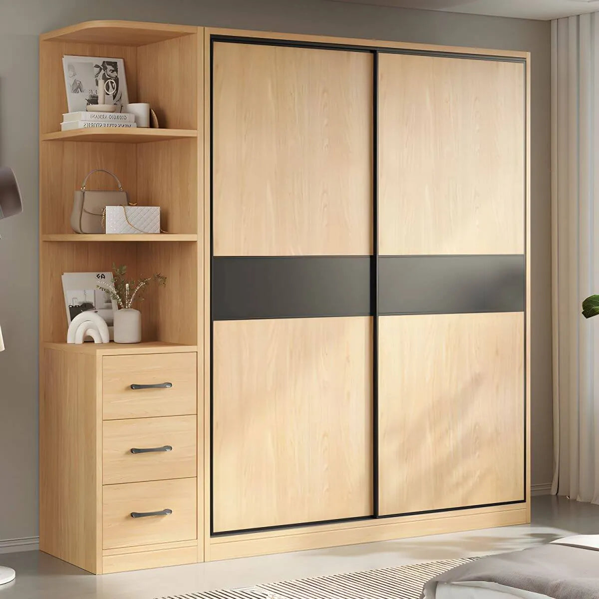 Light Wood Modular Wardrobe Wall With Sliding Doors And Open Shelving