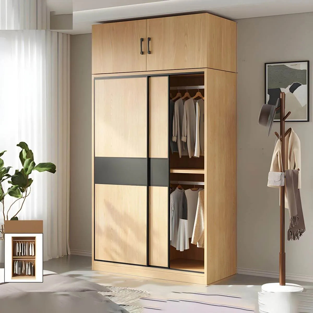 Light Wood Modular Wardrobe Wall With Sliding Doors And Open Shelving