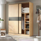Light Wood Modular Wardrobe Wall With Sliding Doors And Open Shelving