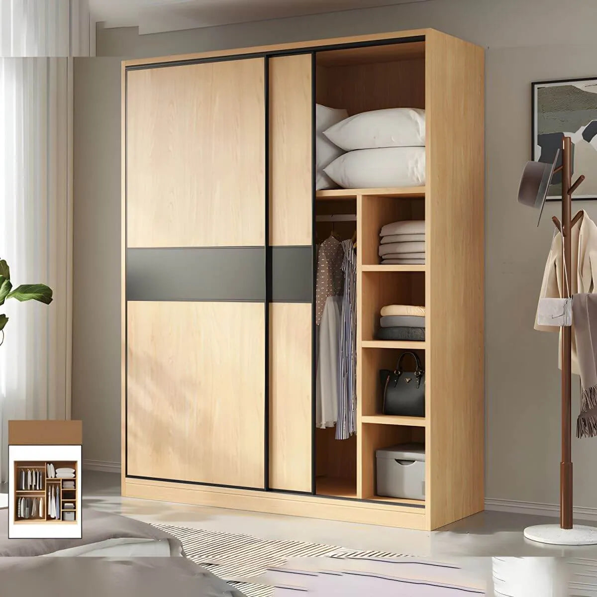 Light Wood Modular Wardrobe Wall With Sliding Doors And Open Shelving