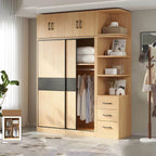 Light Wood Modular Wardrobe Wall With Sliding Doors And Open Shelving