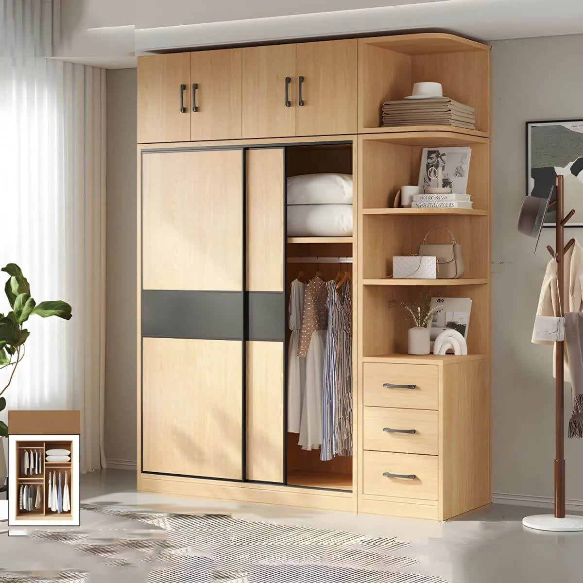 Light Wood Modular Wardrobe Wall With Sliding Doors And Open Shelving