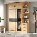 Light Wood Modular Wardrobe Wall With Sliding Doors And Open Shelving