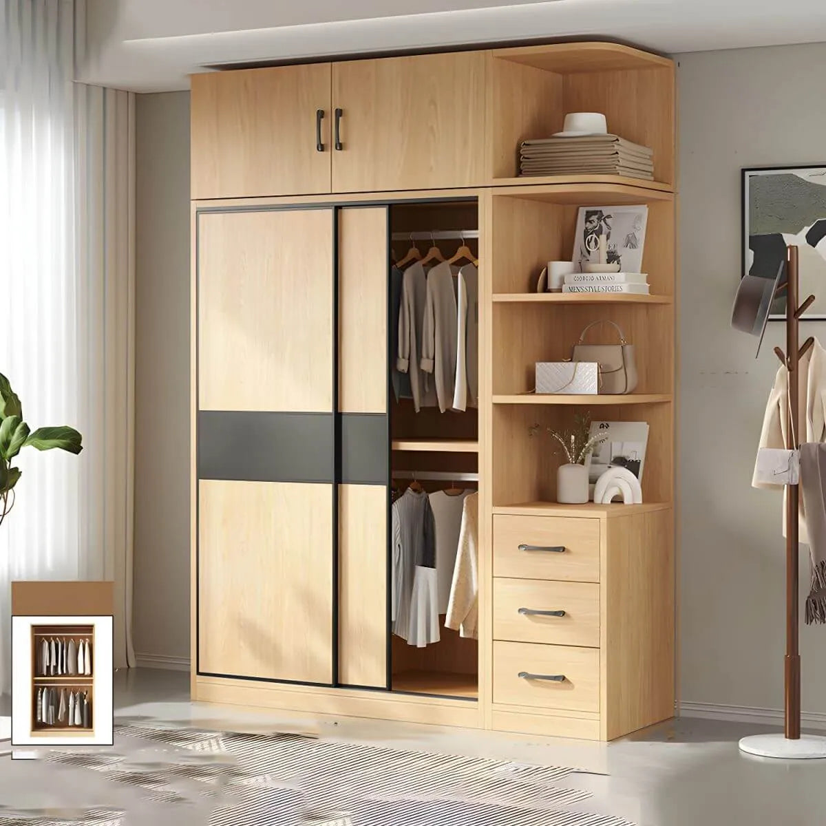 Light Wood Modular Wardrobe Wall With Sliding Doors And Open Shelving