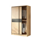 Light Wood Modular Wardrobe Wall With Sliding Doors And Open Shelving