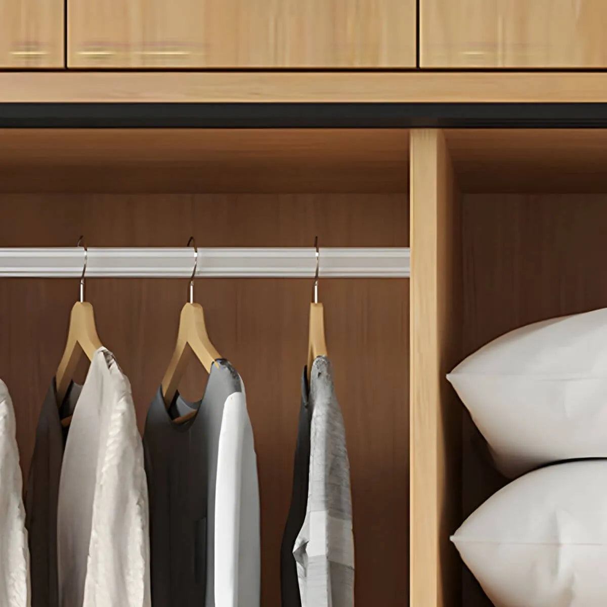 Light Wood Modular Wardrobe Wall With Sliding Doors And Open Shelving