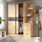 Light Wood Modular Wardrobe Wall With Sliding Doors And Open Shelving