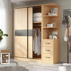 Light Wood Modular Wardrobe Wall With Sliding Doors And Open Shelving