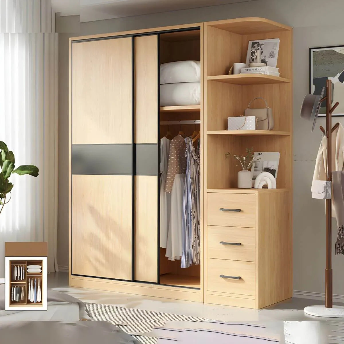 Light Wood Modular Wardrobe Wall With Sliding Doors And Open Shelving