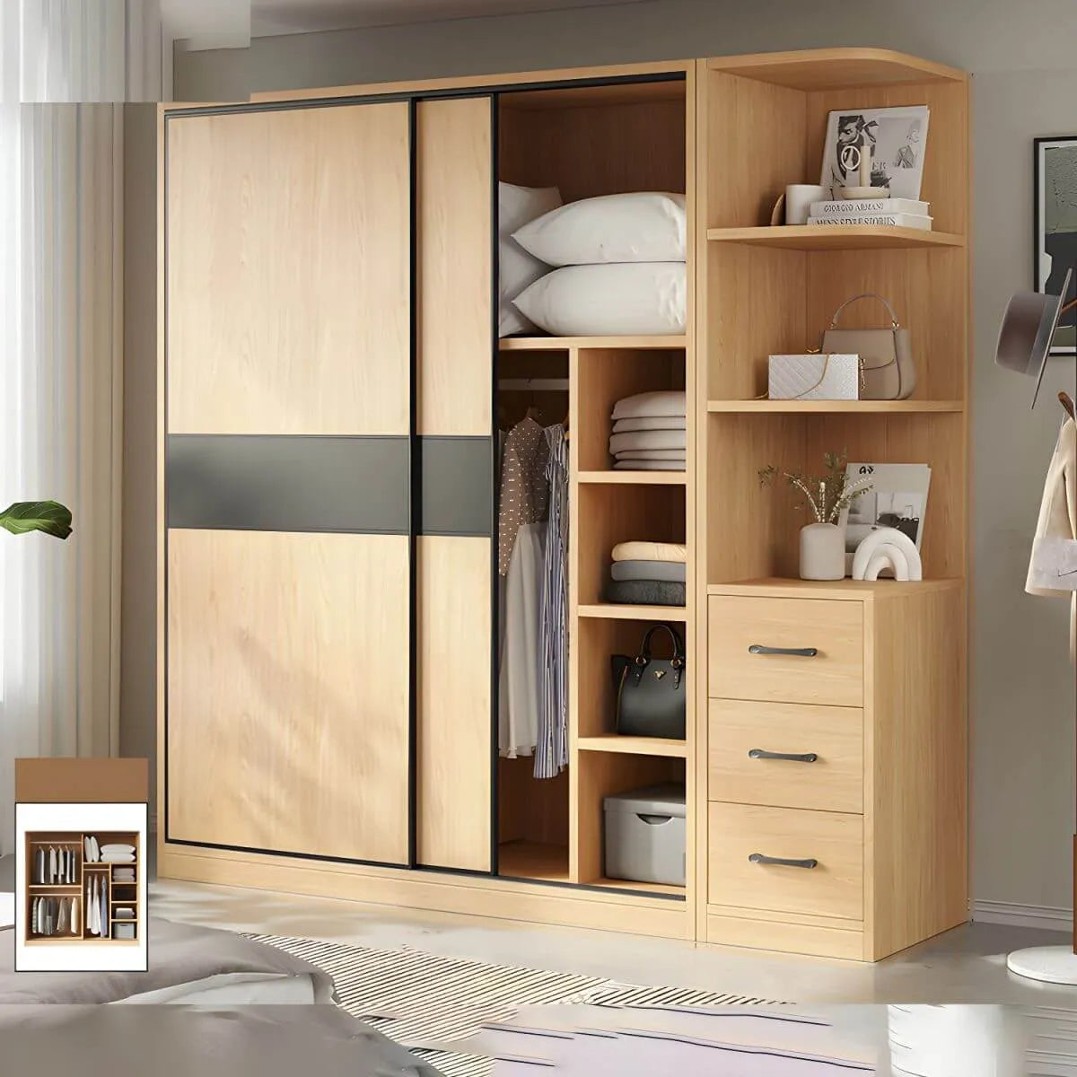 Light Wood Modular Wardrobe Wall With Sliding Doors And Open Shelving