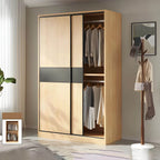 Light Wood Modular Wardrobe Wall With Sliding Doors And Open Shelving