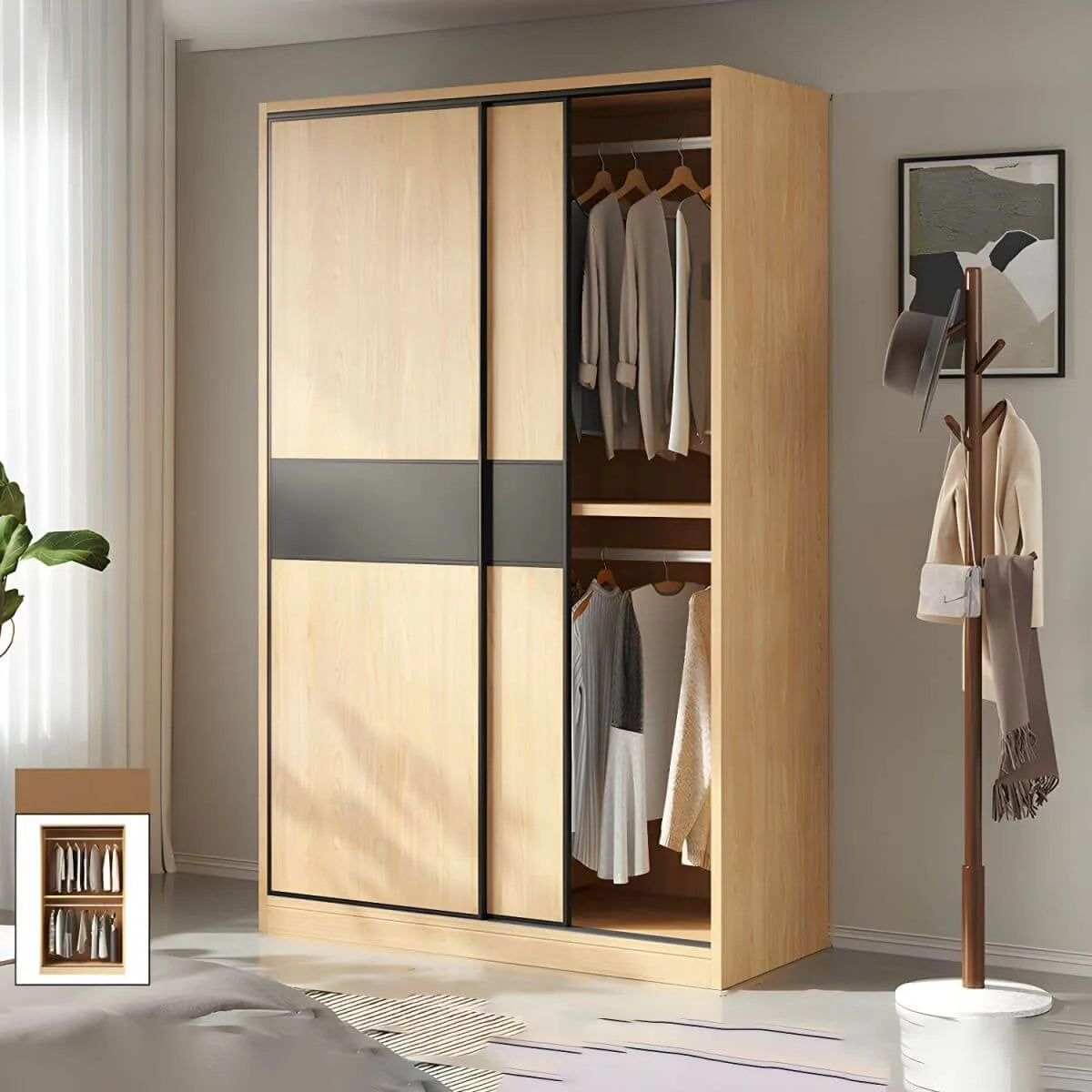 Light Wood Modular Wardrobe Wall With Sliding Doors And Open Shelving