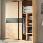 Light Wood Modular Wardrobe Wall With Sliding Doors And Open Shelving