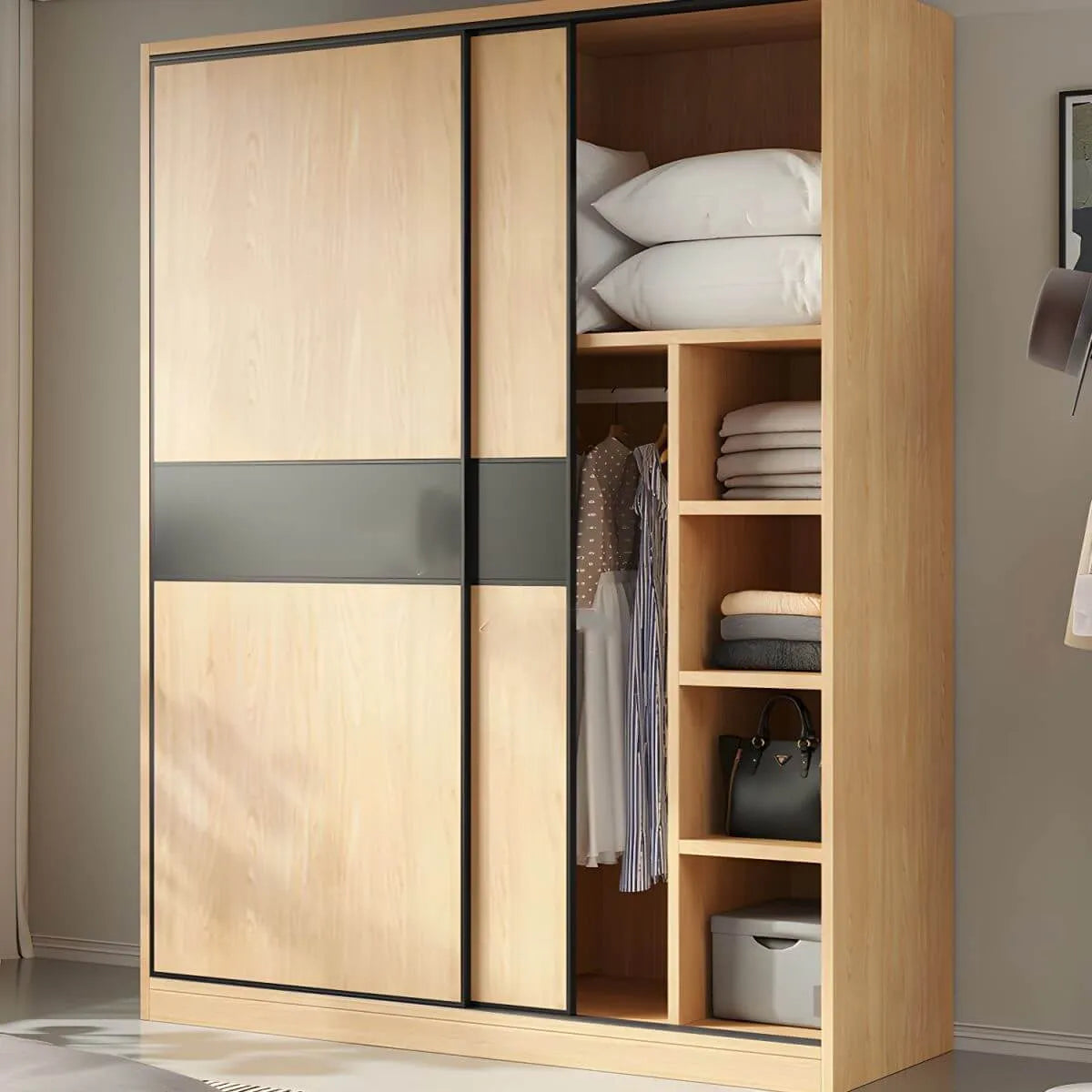 Light Wood Modular Wardrobe Wall With Sliding Doors And Open Shelving