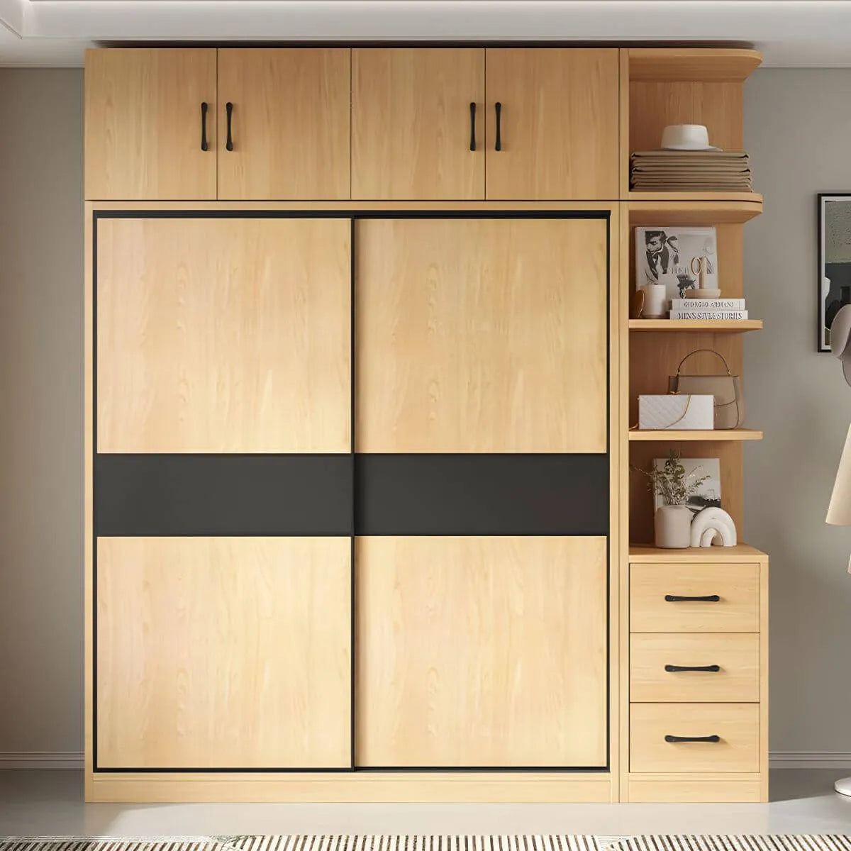 Light Wood Modular Wardrobe Wall With Sliding Doors And Open Shelving