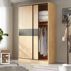 Light Wood Modular Wardrobe Wall With Sliding Doors And Open Shelving