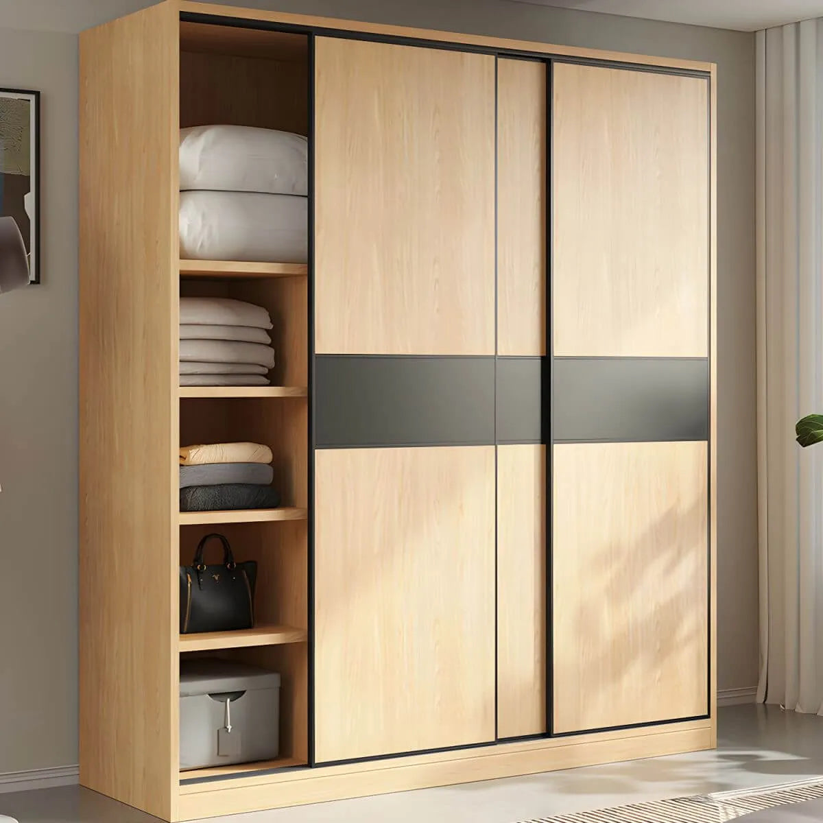 Light Wood Modular Wardrobe Wall With Sliding Doors And Open Shelving Secondary image