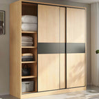 Light Wood Modular Wardrobe Wall With Sliding Doors And Open Shelving
