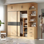 Light Wood Modular Wardrobe Wall With Sliding Doors And Open Shelving