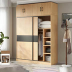 Light Wood Modular Wardrobe Wall With Sliding Doors And Open Shelving