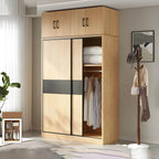 Light Wood Modular Wardrobe Wall With Sliding Doors And Open Shelving