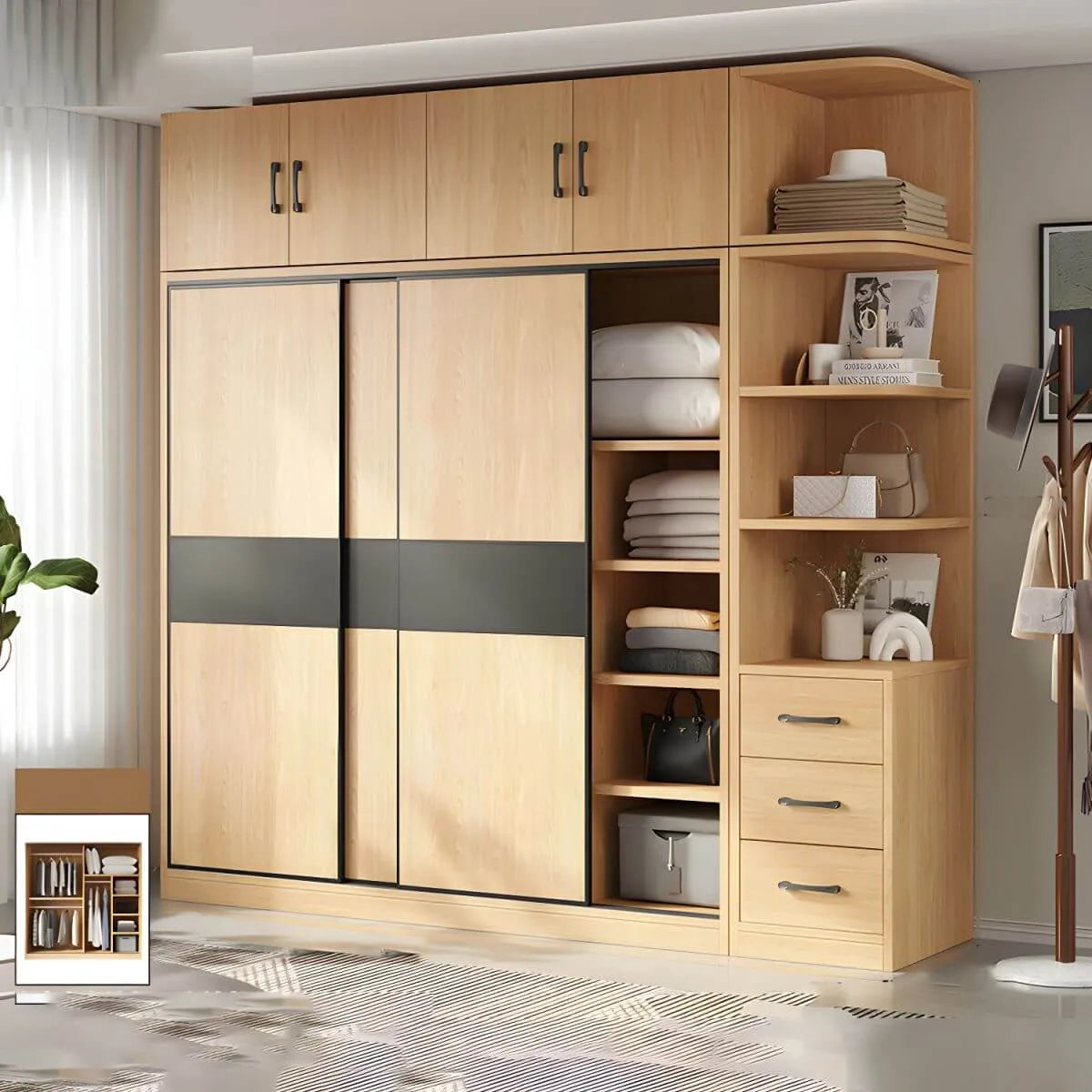 Light Wood Modular Wardrobe Wall With Sliding Doors And Open Shelving