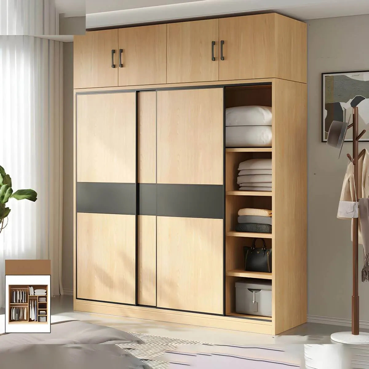 Light Wood Modular Wardrobe Wall With Sliding Doors And Open Shelving