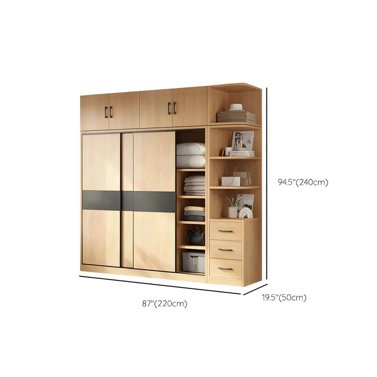 Light Wood Modular Wardrobe Wall With Sliding Doors And Open Shelving Dimensions
