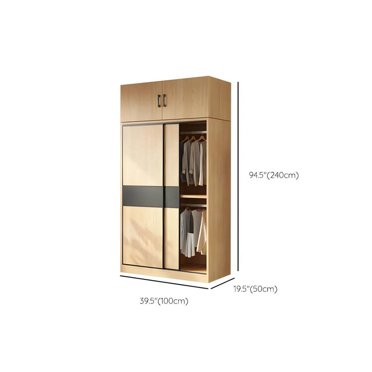 Light Wood Modular Wardrobe Wall With Sliding Doors And Open Shelving Dimensions