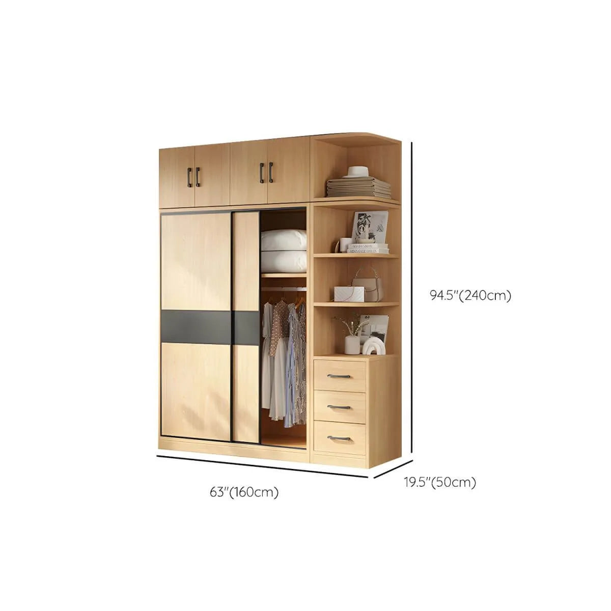 Light Wood Modular Wardrobe Wall With Sliding Doors And Open Shelving Dimensions