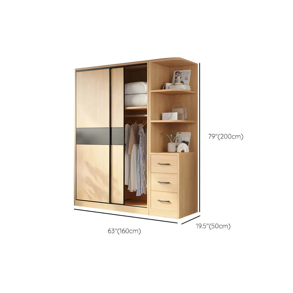 Light Wood Modular Wardrobe Wall With Sliding Doors And Open Shelving Dimensions