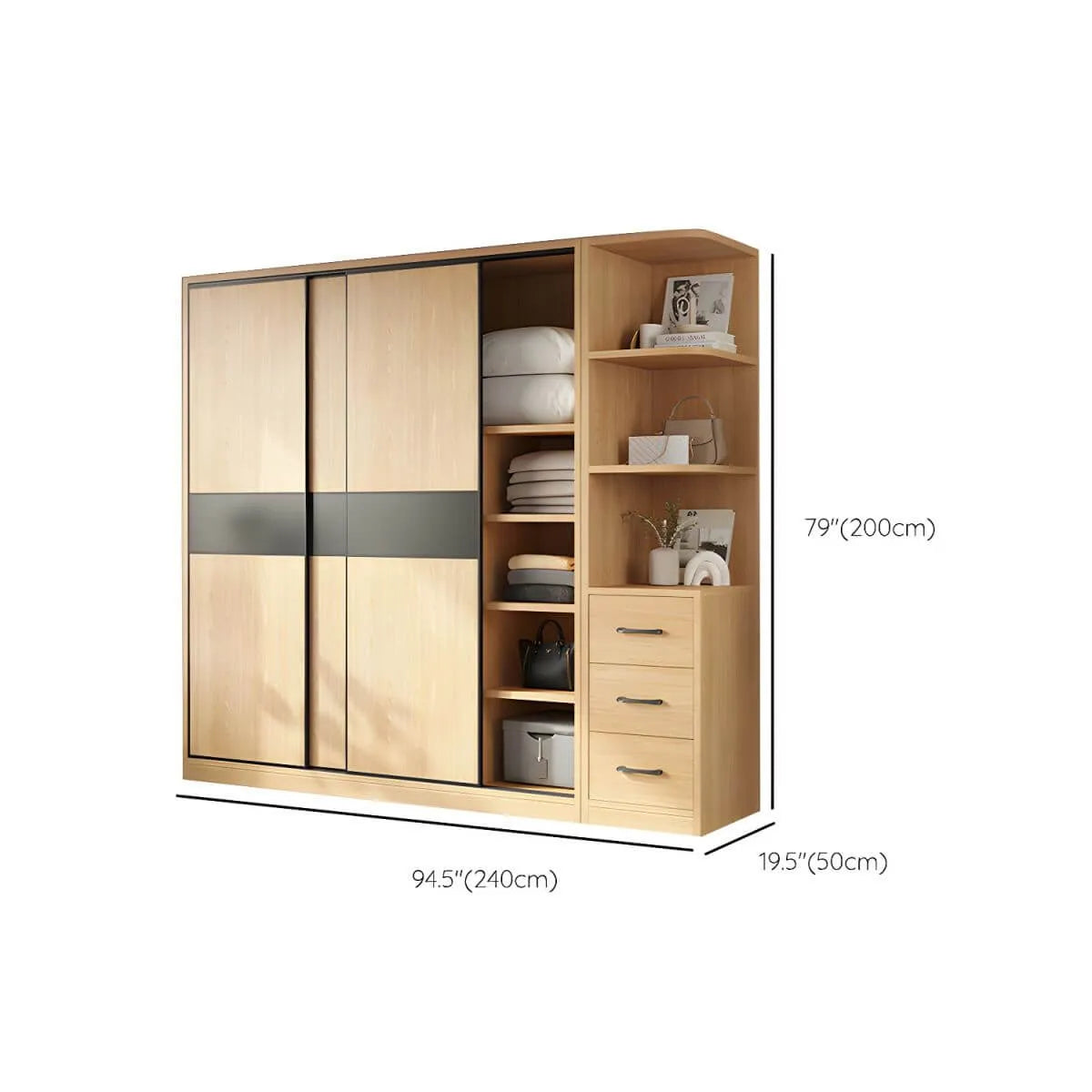Light Wood Modular Wardrobe Wall With Sliding Doors And Open Shelving Dimensions