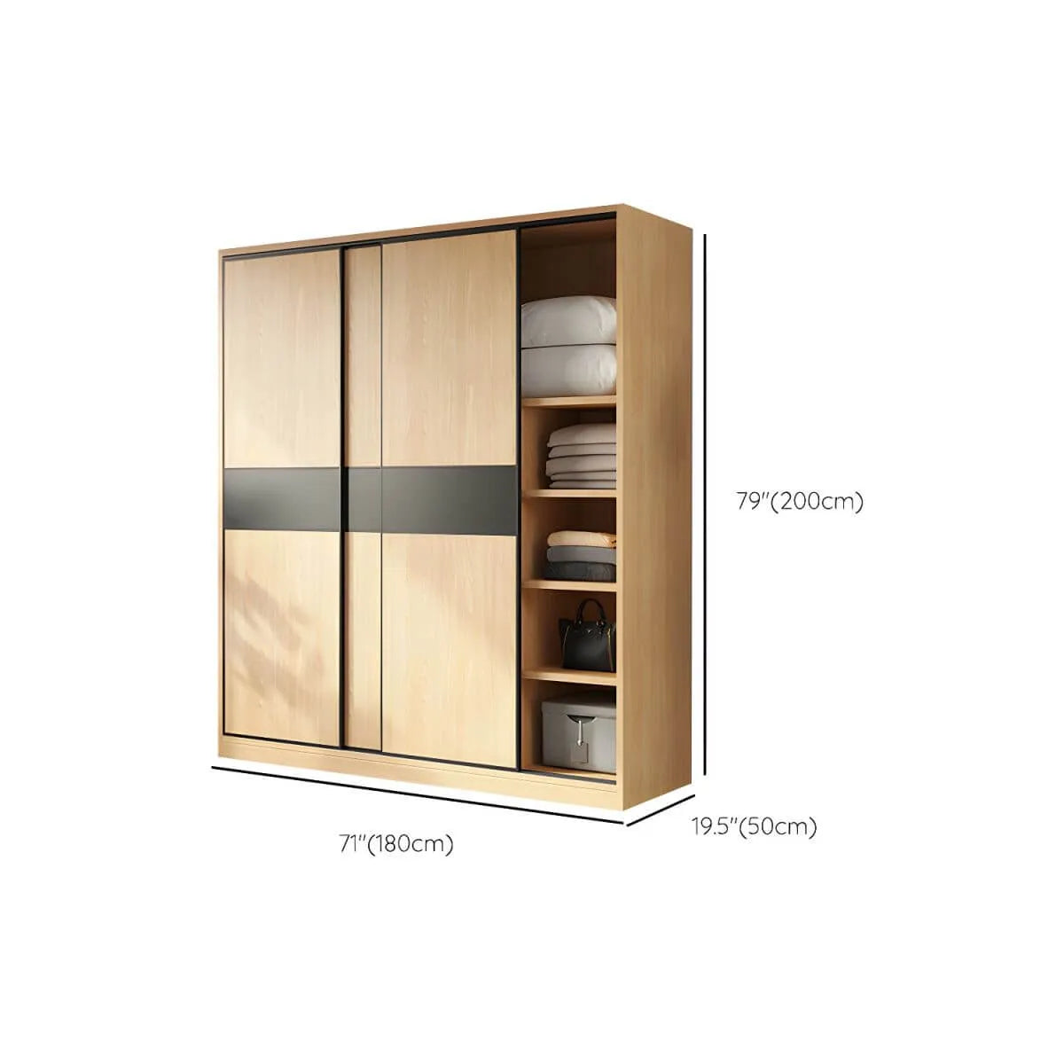 Light Wood Modular Wardrobe Wall With Sliding Doors And Open Shelving Dimensions