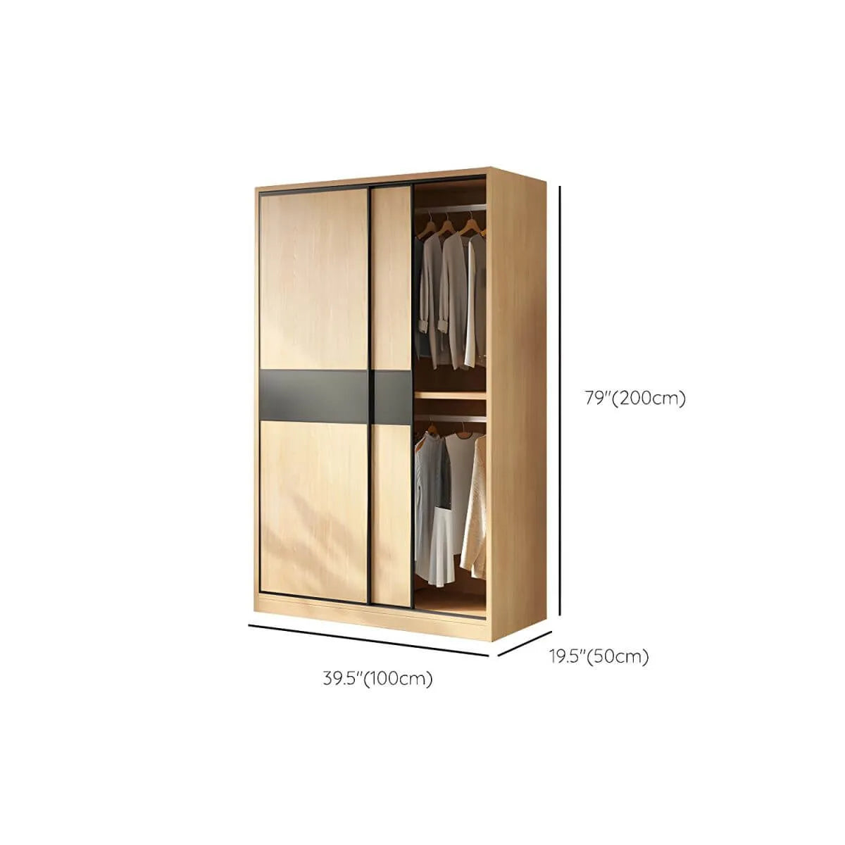 Light Wood Modular Wardrobe Wall With Sliding Doors And Open Shelving Dimensions