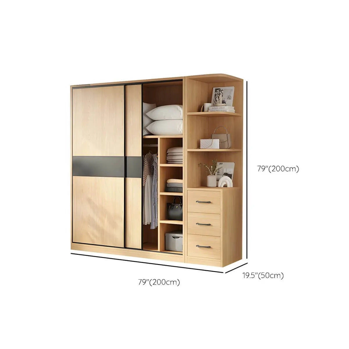 Light Wood Modular Wardrobe Wall With Sliding Doors And Open Shelving Dimensions