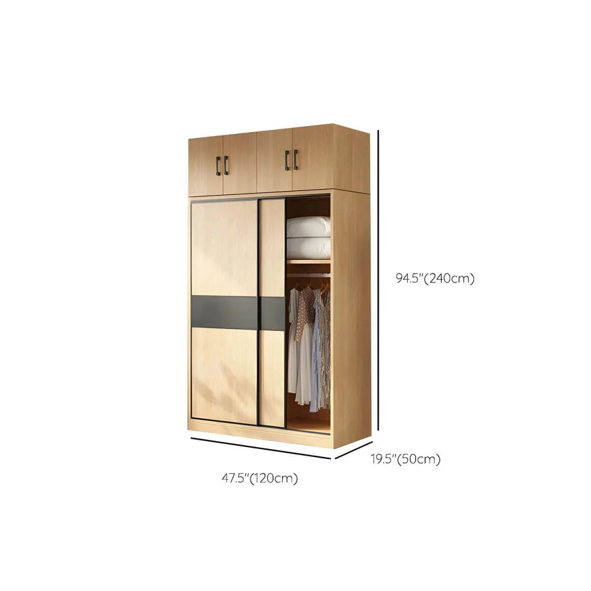 Light Wood Modular Wardrobe Wall With Sliding Doors And Open Shelving Dimensions