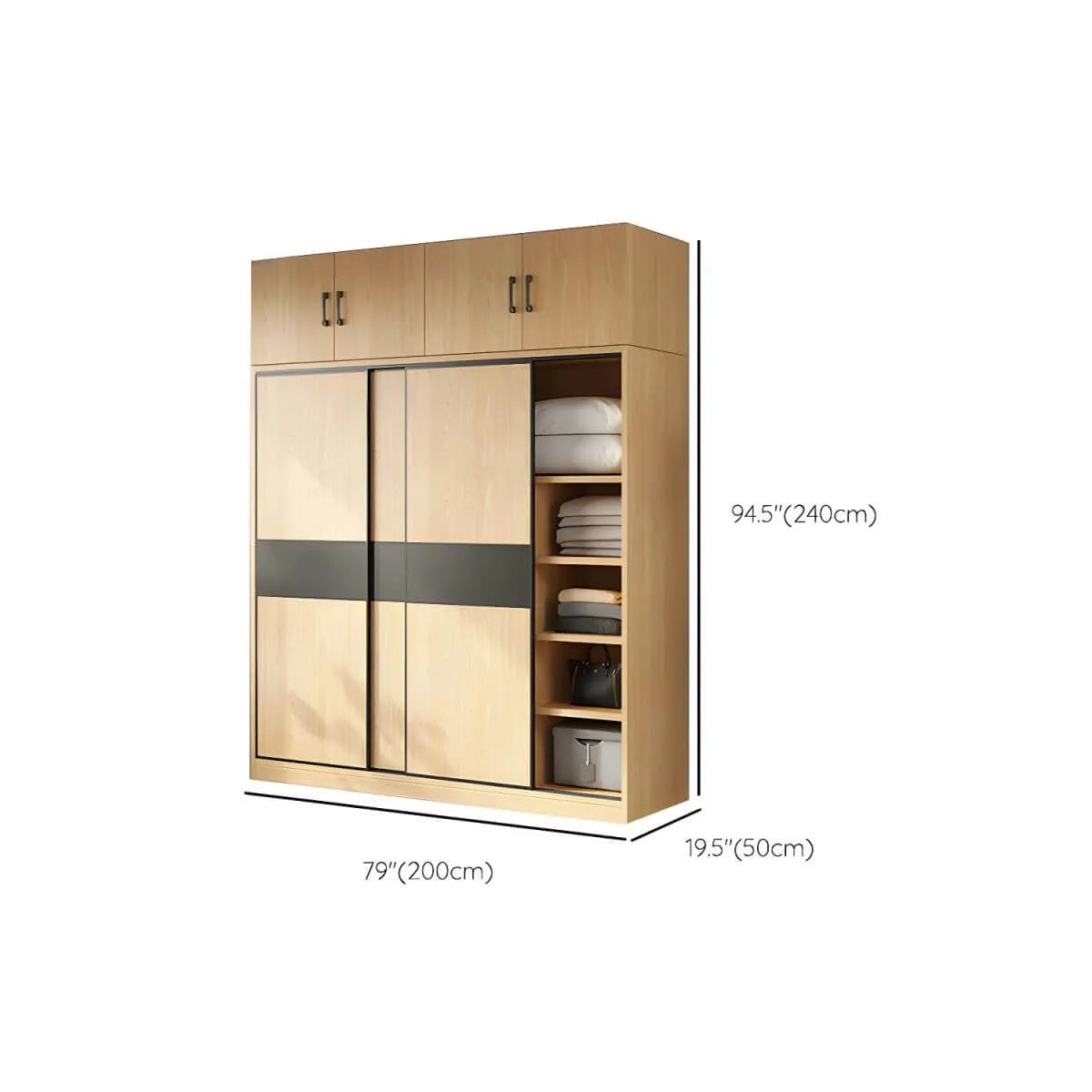Light Wood Modular Wardrobe Wall With Sliding Doors And Open Shelving Dimensions
