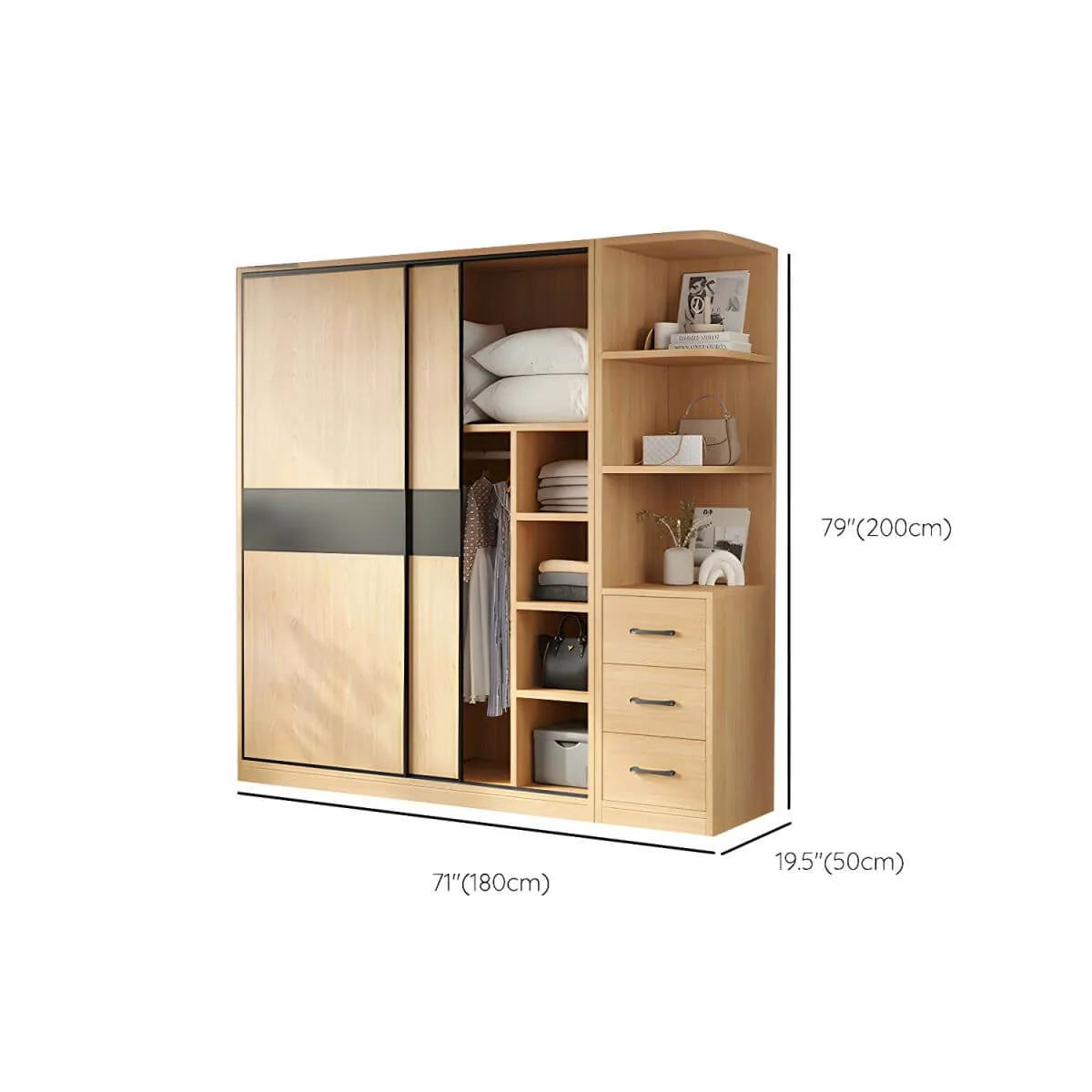 Light Wood Modular Wardrobe Wall With Sliding Doors And Open Shelving Dimensions
