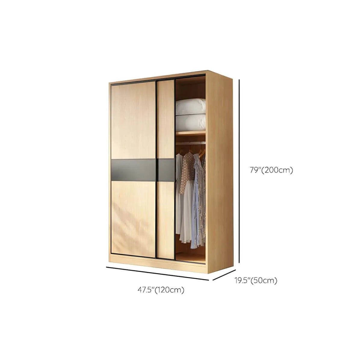Light Wood Modular Wardrobe Wall With Sliding Doors And Open Shelving Dimensions