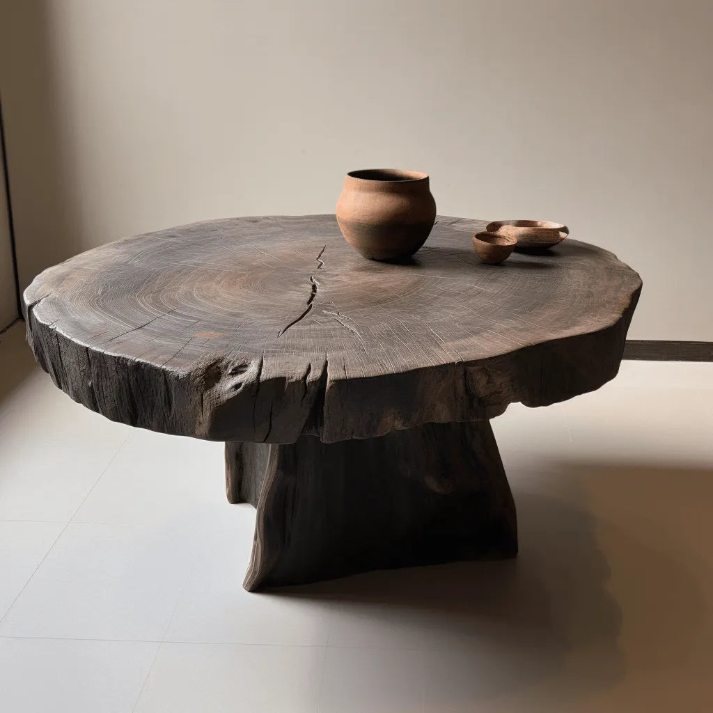 Live Edge Pedestal Coffee Table with Sculptural Root Base and Natural Wood Grain