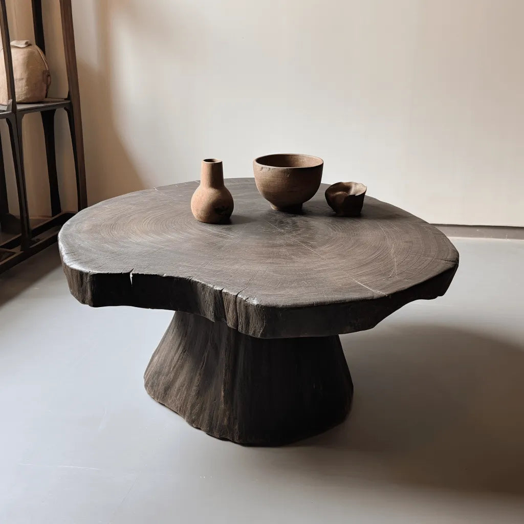 Live Edge Pedestal Coffee Table with Sculptural Root Base and Natural Wood Grain