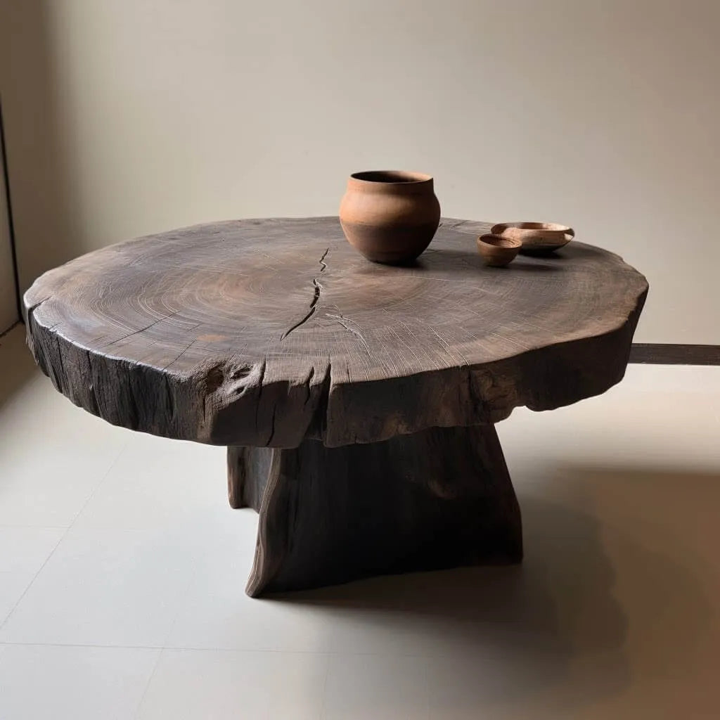 Live Edge Pedestal Coffee Table with Sculptural Root Base and Natural Wood Grain