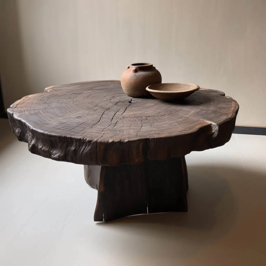 Live Edge Pedestal Coffee Table with Sculptural Root Base and Natural Wood Grain