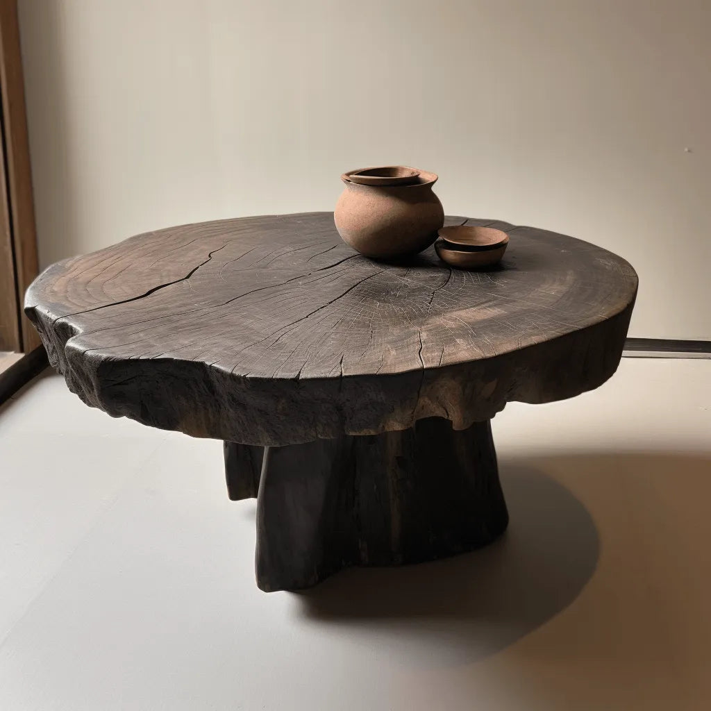 Live Edge Pedestal Coffee Table with Sculptural Root Base and Natural Wood Grain