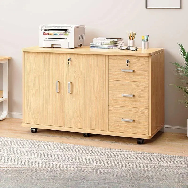 Lockable Wood Filing Cabinet With Shelves, Drawers and Casters