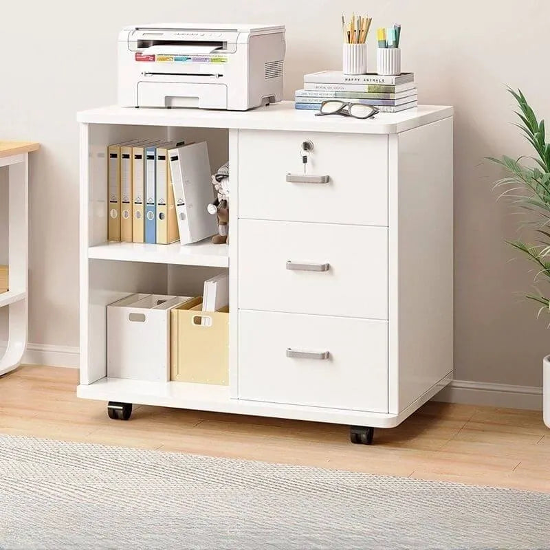 Lockable Wood Filing Cabinet With Shelves, Drawers and Casters